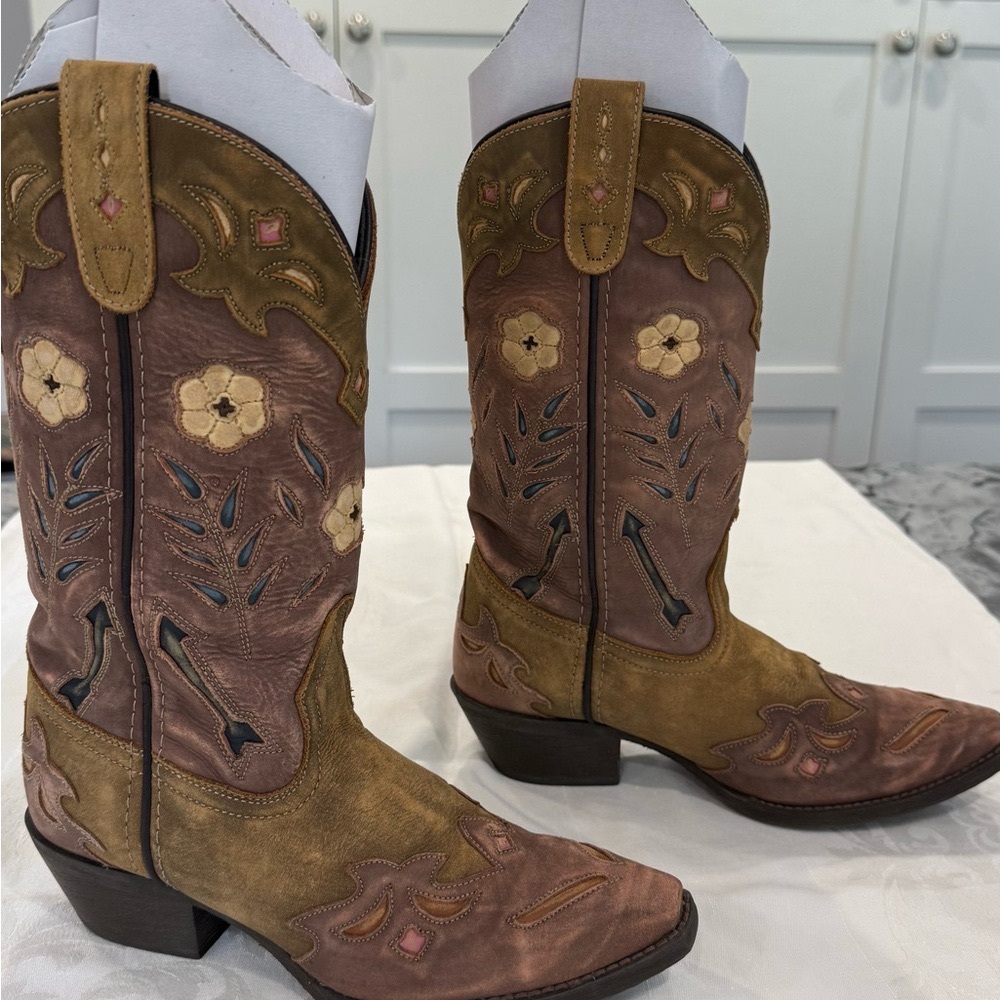 Laredo Authentic Leather Tan and Brown Western Boots with Floral Accents